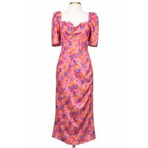 Fore Floral Midi Dress L Pink Orange Puff Sleeve Sweetheart Twist Cottagecore
